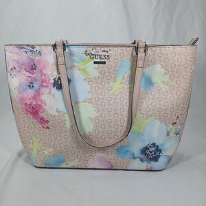 GUESS Large Floral Print PVC Tote Handbag Beige Logo Monogram – Shoulder Bag